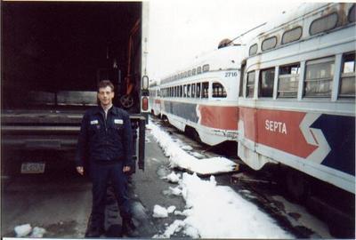 Me at Luzerene Depot 2001.
I used to deliver chemicals to the Septa Luzerene Depot when it became a dead storage facility for trolleys and trackless trolleys.  That's me and my "horse'.  RayPA.
